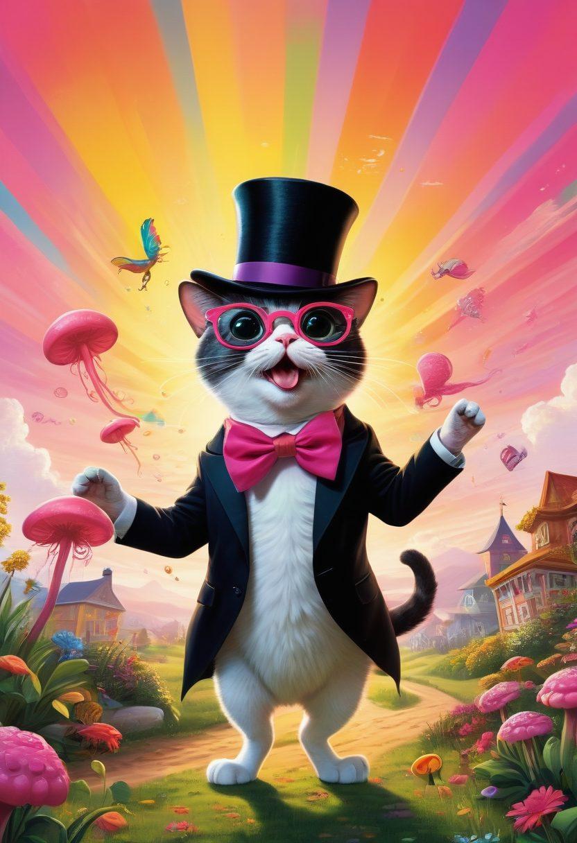 A whimsical landscape featuring quirky characters engaging in playful activities, with a vibrant color palette that radiates happiness. Include comic-style text bubbles filled with laughter and puns, a bright sun wearing sunglasses, and a rainbow arching in the sky. Elements of satire, irony, and joyful humor should be woven throughout the scene, creating an uplifting atmosphere. cartoonish style. vibrant colors. playful composition.