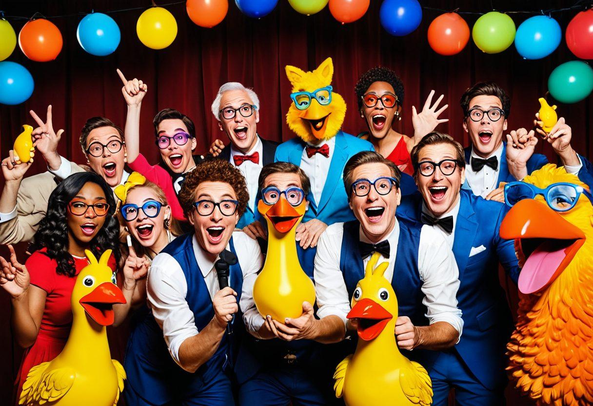 A whimsical scene depicting a diverse group of comedians engaging in playful mockery, surrounded by colorful comedy props like oversized glasses, rubber chickens, and exaggerated facial expressions. The backdrop features a vibrant stage with a spotlight shining down, emphasizing the art of jest and humor. Add elements of laughter and joy floating in the air, to create an inviting and creative atmosphere. cartoonish style. bright colors. lively background.