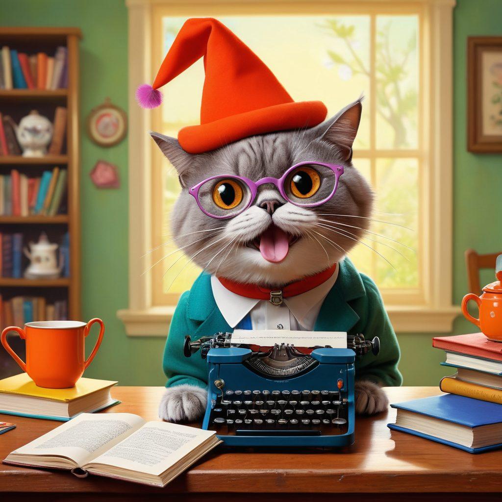 A whimsical scene featuring a quirky writer at a vintage typewriter, surrounded by absurd cartoonish elements like a laughing teapot, a dancing book, and oversized glasses. The writer is smirking, wearing a jester hat, with irony oozing from the vibrant colors around. In the background, playful creatures like a mockingbird and a winking cat add to the humor of the environment. The overall composition exudes creativity and lighthearted mockery. colorful illustration. cartoonish style. vibrant colors.